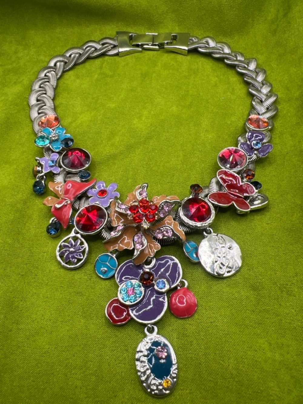 Vtg OOAK Runway Wearable Art Statement Choker Necklace Heavy Silver Tone Enamel
